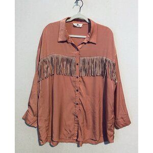 Everyday Chic Boutique Top Womens 1X Pink Beaded Fringe Button Up Western Boho